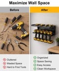 Heavy Duty Tool Organizer Wall Mount For Garage, Locking Metal Storage Rack showing before-and-after tool organization