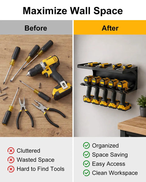 Heavy Duty Tool Organizer Wall Mount For Garage, Locking Metal Storage Rack showing before-and-after tool organization