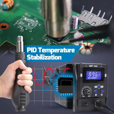 Maker Friendly Pro Grade Hot Air SMD Soldering Rework Station With Quick Change Nozzle System shown in use on circuit board.