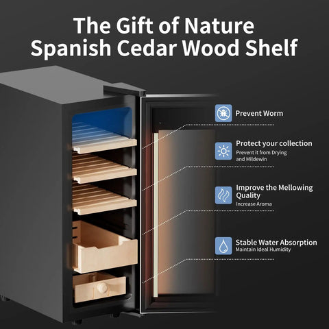 Side view of Beast 35L Temperature Humidity Control Cabinet with Spanish cedar shelves and hygrometer, open door display.