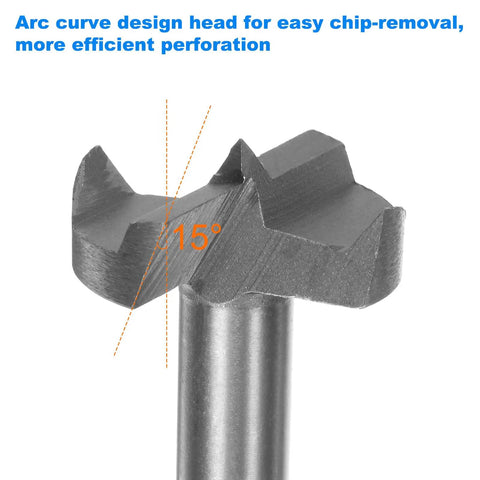 Kickass 5 Piece Forstner Bit Set 15 20 25 30 35 Mm With Round Shank Design Built From Durable High Speed Steel showing 15° arc curve head for efficient wood drilling.