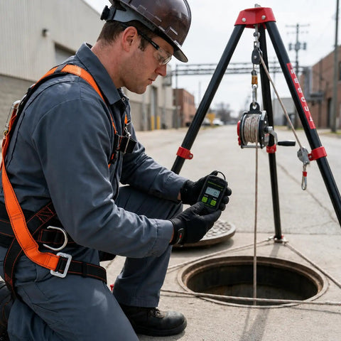Inspector CO Monitor With Dash Mount For Trucks And Vans ETL Intrinsically Safe Portable Gas Detector UL 913 Industrial Safety Gear Triple Notification System With LED Visual Audible Alarm And Vibration Hands Free Vehicle Dash Setup, worker using it at manhole