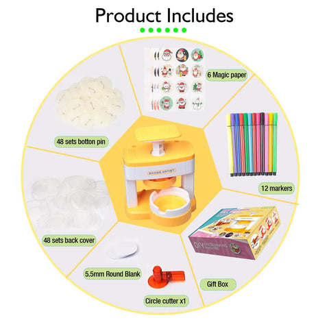 Effortless DIY Pin Button Maker Kit For Creative Kiddos, complete parts bundle with 48 button pins, circle cutter, markers included.