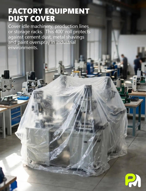 Massive Ultra Clear Painter Plastic Roll 9 By 400 Feet 0.31 Mil HDPE Sheeting covering machinery in a factory setting.