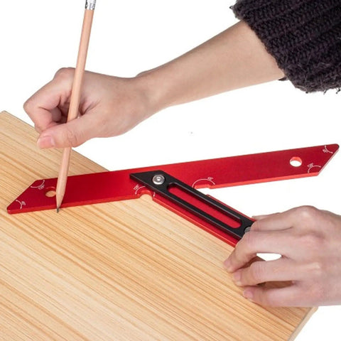 Hands using Dual Angle 45 And 135 Degree Woodworking Ruler Rugged Pro Grade Aluminum Carpenter Measuring Tool on wood