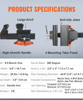 Product specifications for 6.5 Inch Jaw Vise with 360 Degree Swivel Locking Base, heavy-duty ductile iron, large anvil, anti-slip jaws.