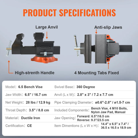 Product specifications for 6.5 Inch Jaw Vise with 360 Degree Swivel Locking Base, heavy-duty ductile iron, large anvil, anti-slip jaws.