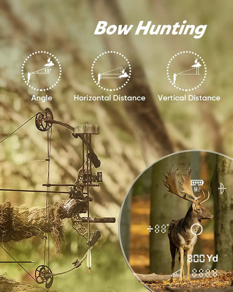 Precision Hunting Rangefinder With Laser Optics For Bow Rifle Shooting Featuring Dead On Angle Measurements Target Lock Vibration Alerts Lightning Fast Scanning Rechargeable Battery Power And Durable Carry Case Included