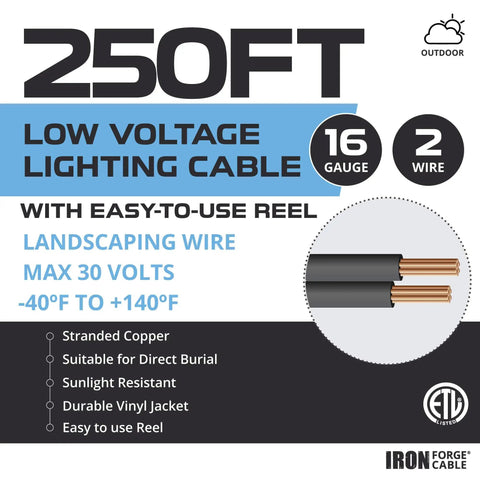 250ft Go-To Low Voltage Wire 16/2 for landscape lighting, 16 gauge, outdoor reel packaging with specifications visible.