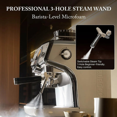 Professional 3-Hole Steam Wand from Game Changer Espresso Machine With Built In Grinder And Quick Dairy Frother for microfoam.