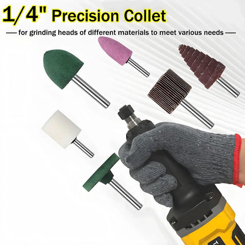 Killer Cordless Die Grinder Engineered To Ride On Popular 20V Packs Sporting A Robust Brushless Motor Throttling Up To A Brutal 25000 RPMs Meanwhile Offering Three Simple Controls For No Sweat Polishing Cutting Or Deburring On The Fly with 1/4" precision collet and grinding heads.