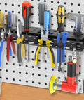 17 Inch Metal Wall Mount Hand Tool Organizer With Ultra Thin 1.4 Inch Depth, Easy Install Open Holes, Go To Tool Holder For Screwdrivers And Pliers, Dual End Hangers For Pneumatic Tools And Accessories on wall with tools