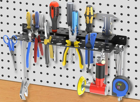 17 Inch Metal Wall Mount Hand Tool Organizer With Ultra Thin 1.4 Inch Depth, Easy Install Open Holes, Go To Tool Holder For Screwdrivers And Pliers, Dual End Hangers For Pneumatic Tools And Accessories on wall with tools