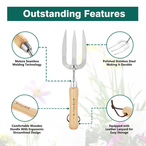 Diagram of Stainless Steel Hand Fork For Weeding And Planting, Traditional Garden Tool With Ergonomic Ash Wood Handle, features highlighted.