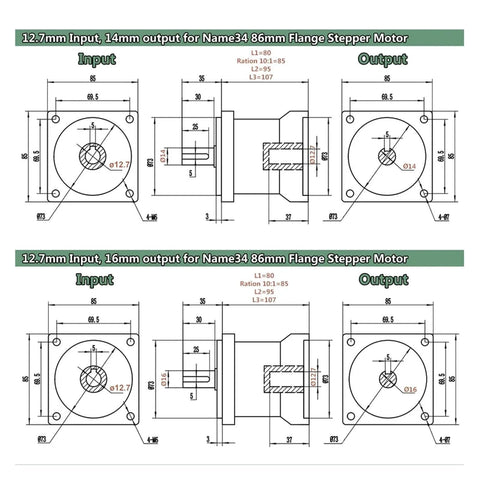 Technical drawing of planetary gearbox motor reducer 86mm stepper gearbox for textile machines aluminum housing with input-output details.