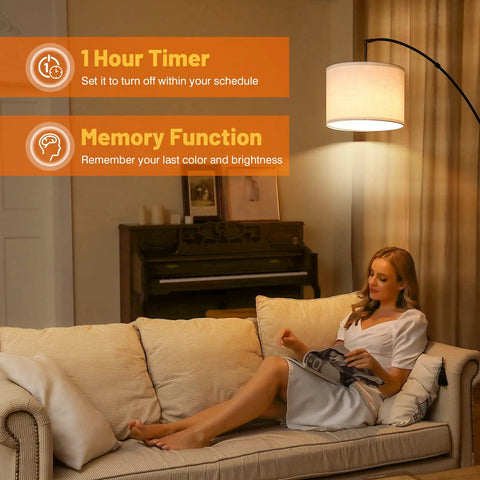 Woman relaxing under 81-inch arc floor lamp with remote control, dimmable LED, stepless color temperature, cozy corner lighting