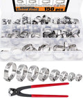 150-piece 304 stainless steel single-ear hose clamp set with crimping pliers in a clear plastic storage case.