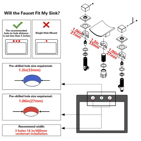 Diagram showing installation for Brushed Nickel 8-Inch Widespread LED Waterfall Bathroom Faucet, 3-Hole Deck-Mount, 2-Handle Vanity Sink Faucet