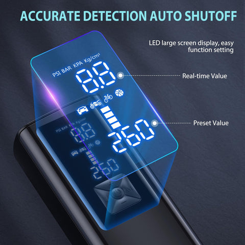 Portable Tire Inflator Air Compressor With 2X Faster 150 PSI Inflation Cordless Pump Led Light Digital Pressure Gauge Display