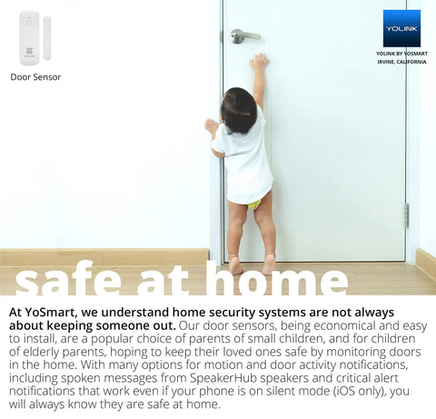 Child reaching for door handle with LoRa Smart Door Sensor Starter Kit With SpeakerHub Audio Hub And Two Door Sensors visible.