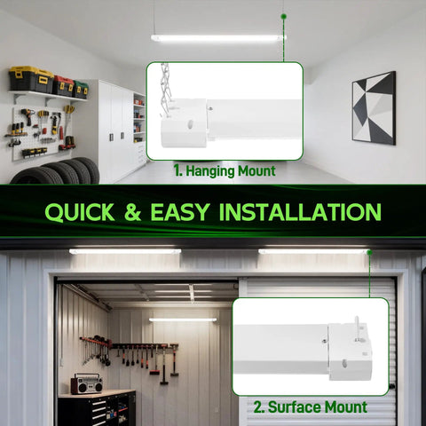 4 Foot LED Shop Light with Reflector for Garage Tasks, 3CCT, installed in workshop, hanging and surface mount options shown