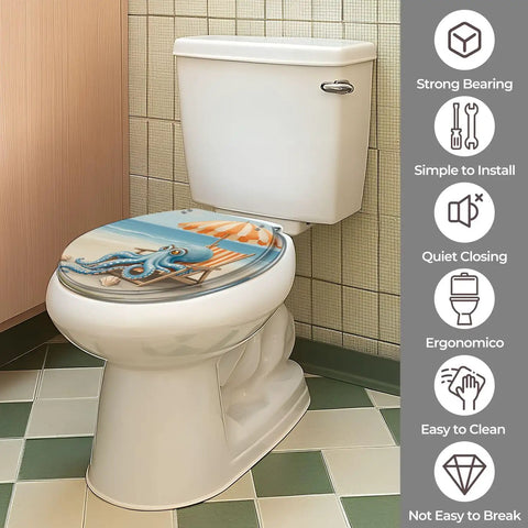 Toilet Seat Round Resin for Bathroom with octopus design, fitting standard toilets, easy to clean and install.