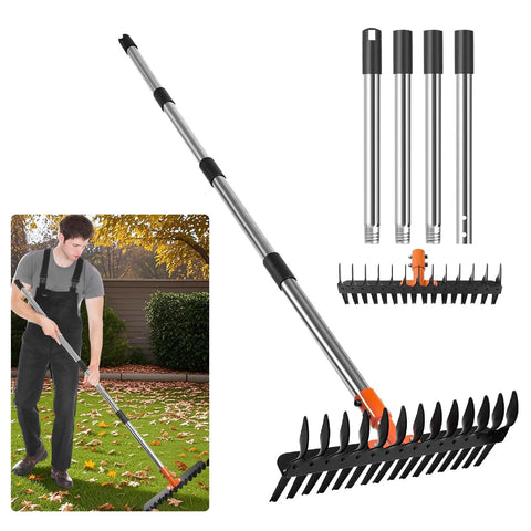 Pro Grade Lawn Dethatcher And Soil Aerator With 57 Inch Handle And 15 Inch Steel Tines for yard maintenance depicted with assembly parts