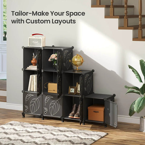 9 Cube Closet Organizer With Doors Portable Modular Storage Shelves For Clothes Books Toys Black Cube Cabinet Display