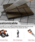 A hand saw cutting Interlocking Deck Tiles 27 Piece Set 11.8 by 11.8 Inches Espresso Pine Wood showing customization options.