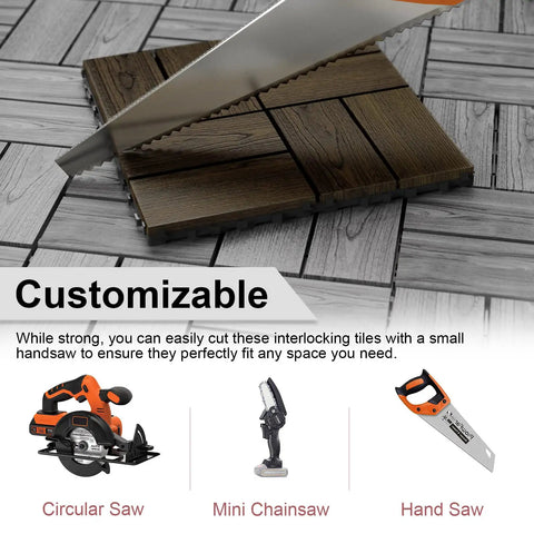 A hand saw cutting Interlocking Deck Tiles 27 Piece Set 11.8 by 11.8 Inches Espresso Pine Wood showing customization options.