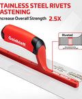 Red Stainless Steel Finishing Trowel 12x4 Top Notch Pro Grade Drywall Masonry Trowel With Soft Grip Handle close-up and features