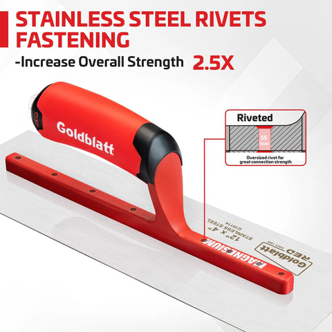 Red Stainless Steel Finishing Trowel 12x4 Top Notch Pro Grade Drywall Masonry Trowel With Soft Grip Handle close-up and features