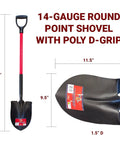 Heavy Duty 14 Gauge Round Point Shovel With Fiberglass D Grip Handle Open Back For Digging And Landscaping, built tough