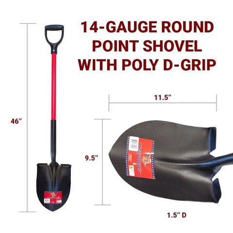 Heavy Duty 14 Gauge Round Point Shovel With Fiberglass D Grip Handle Open Back For Digging And Landscaping, built tough
