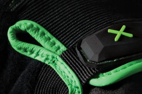 Close-up of black and green stitching detail on Exo Grip Work Gloves For Men Black And Green Non Slip Silicone Fused Palm Sweat Wipe Terry Cloth Durable Heavy Duty Hand Protection In Size Large Pack Of 1