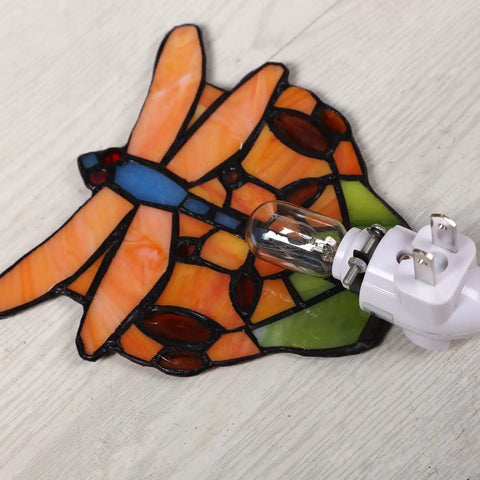 Tiffany Style Stained Glass Dragonfly Wall Lamp With Plug In Night Light Socket E12 LED Bulb Included close-up view of dragonfly design