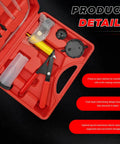 Handheld Vacuum Pump Brake Bleeder Kit With Gauge Adapters For Cars Trucks Motorcycles One Person fluid extraction tools in red case.