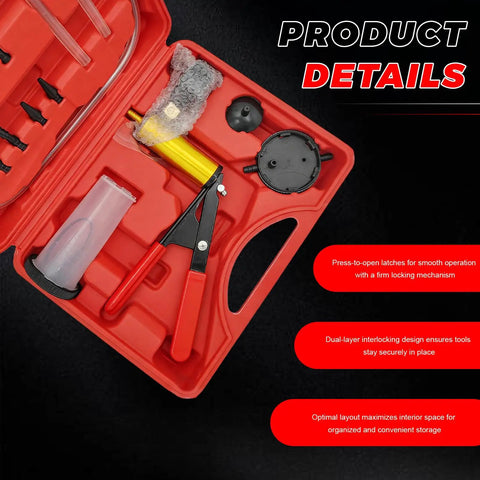 Handheld Vacuum Pump Brake Bleeder Kit With Gauge Adapters For Cars Trucks Motorcycles One Person fluid extraction tools in red case.