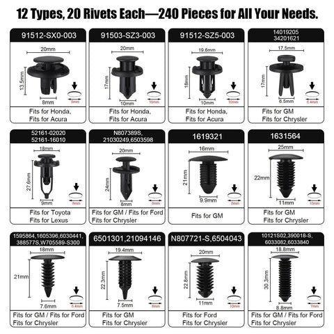 Badass Heavy Duty Nylon Push Pin Rivet Fastener Kit With Dope Assortment Of Retainer Clips and Pry Bar Tool - 12 types, 240 pieces for car upgrades
