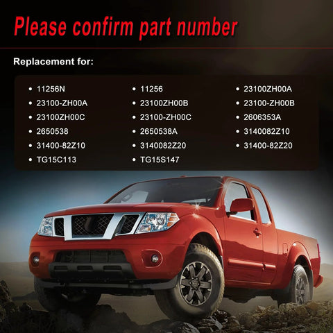 Red pickup truck with parts list for alternator replacement, including Beefed Up Alternator Replacement For Nissan Armada 2007 2015
