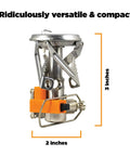 Ultralight Camping Stove That Boils Water In About 3 Minutes, Packs Ultra Compact, 2x3 inches, metal and plastic parts visible