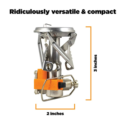 Ultralight Camping Stove That Boils Water In About 3 Minutes, Packs Ultra Compact, 2x3 inches, metal and plastic parts visible