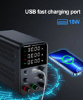 Variable Bench Power Supply With Precision Encoder Knob And Output Enable Disable Button USB Quick Charge Adjustable Voltage And Current Short Circuit Protection Compact Black Boss Grade Unit For Lab And DIY Projects charging a phone