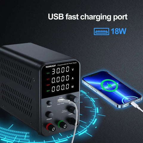 Variable Bench Power Supply With Precision Encoder Knob And Output Enable Disable Button USB Quick Charge Adjustable Voltage And Current Short Circuit Protection Compact Black Boss Grade Unit For Lab And DIY Projects charging a phone