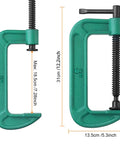 4 Piece 8 Inch Beefy Heavy Duty C Clamp Set With Sliding Jaw For Woodworking And Metalworking Deep Throat Up To Three Eighths Inches 5900 Pound Clamping Capacity Rust Resistant Cast Iron G Clamps For DIY Carpentry Welding And Building Projects Green, showing clamps with measurements