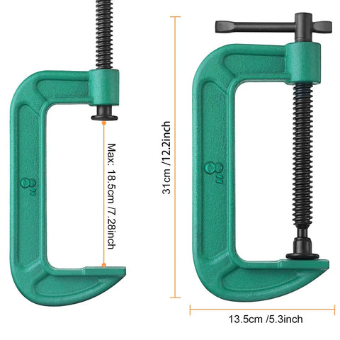4 Piece 8 Inch Beefy Heavy Duty C Clamp Set With Sliding Jaw For Woodworking And Metalworking Deep Throat Up To Three Eighths Inches 5900 Pound Clamping Capacity Rust Resistant Cast Iron G Clamps For DIY Carpentry Welding And Building Projects Green, showing clamps with measurements