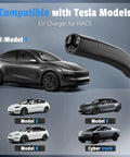 Level 2 EV Charger 40 Amp 240V Portable Electric Vehicle Station showing Tesla Model Y, 3, S, X and Cybertruck compatibility.
