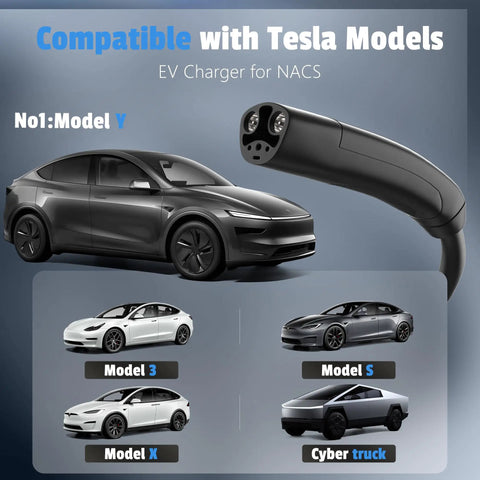 Level 2 EV Charger 40 Amp 240V Portable Electric Vehicle Station showing Tesla Model Y, 3, S, X and Cybertruck compatibility.