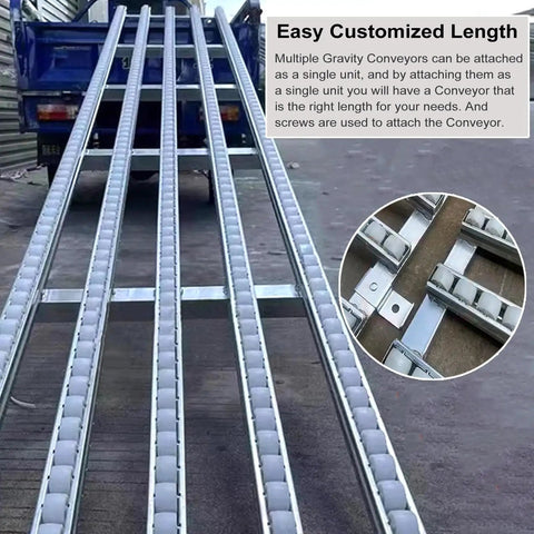 Heavy Duty Portable Roller Conveyor With Stainless Steel Frame And Plastic Rollers For Warehousing, showing customized lengths and attachment details.
