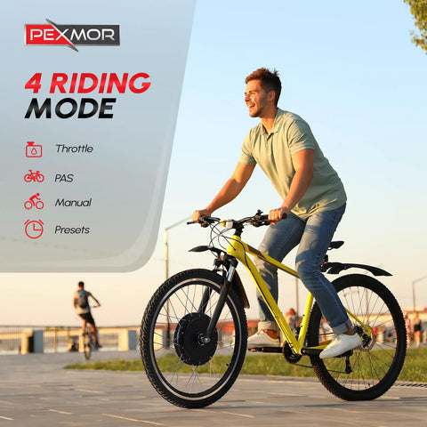 Beefy 750W Front Wheel Ebike Conversion Kit With 36V System, 20 Inch Wheel, PAS LCD Display, Controller, Brake Lever, Torque Arm For Fast, Smooth Rides And Easy DIY E Bike Upgrade installed on a yellow bike, showing 4 riding modes